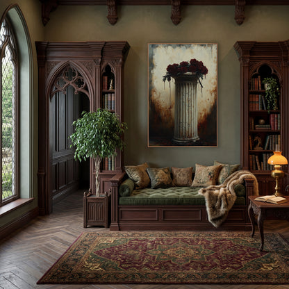 Burgundy Roses Hairline Pedestal Moody wall art in a moody dark academia room – dark red roses piled on a cracked