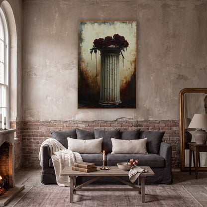 Burgundy Roses Hairline Pedestal Moody wall art in a moody dark academia room – dark red roses piled on a cracked