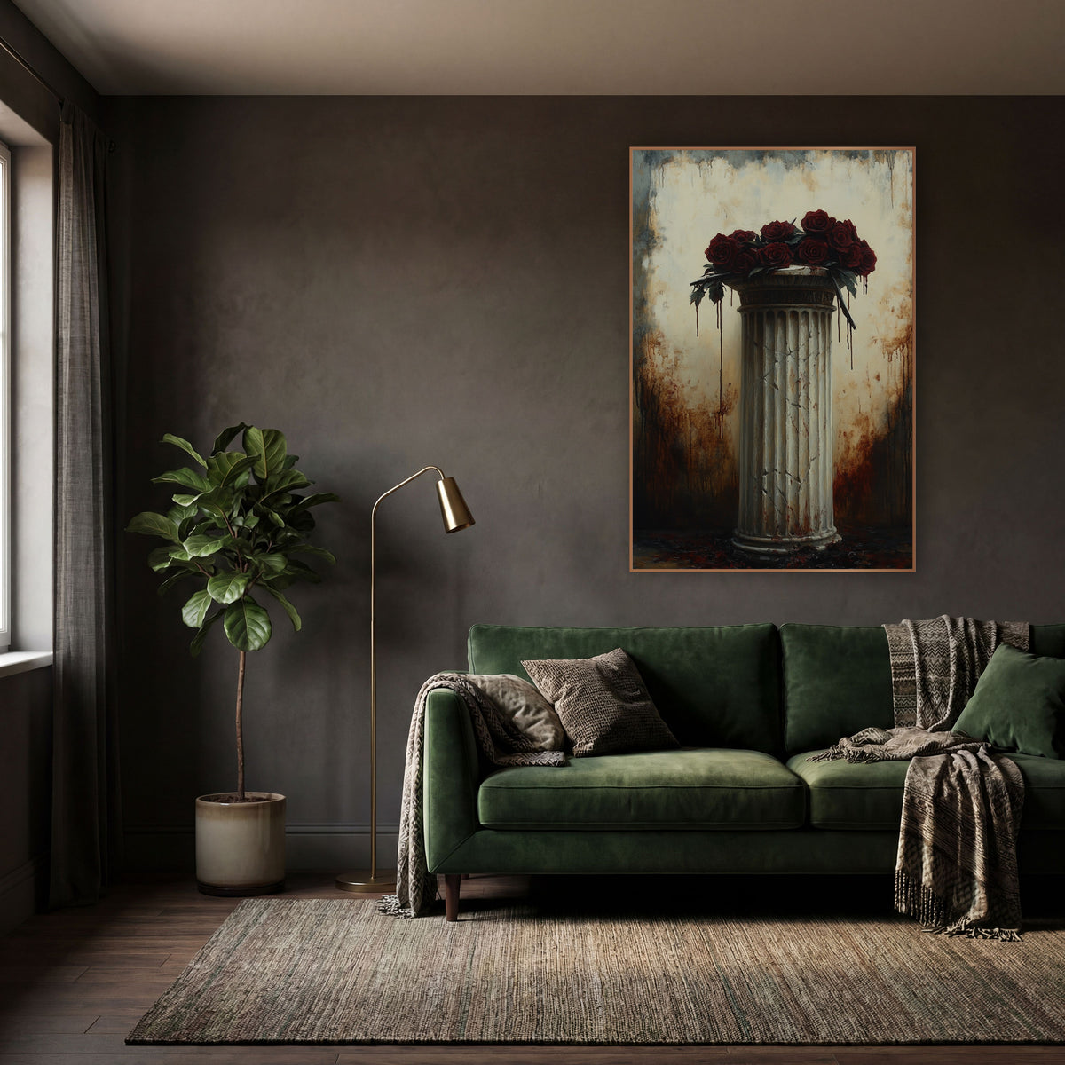 Burgundy Roses Hairline Pedestal Moody wall art in a moody dark academia room – dark red roses piled on a cracked