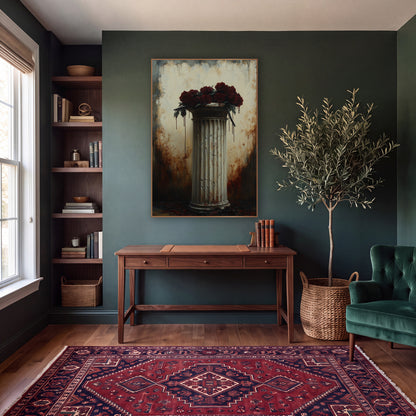 Burgundy Roses Hairline Pedestal Moody wall art in a moody dark academia room – dark red roses piled on a cracked