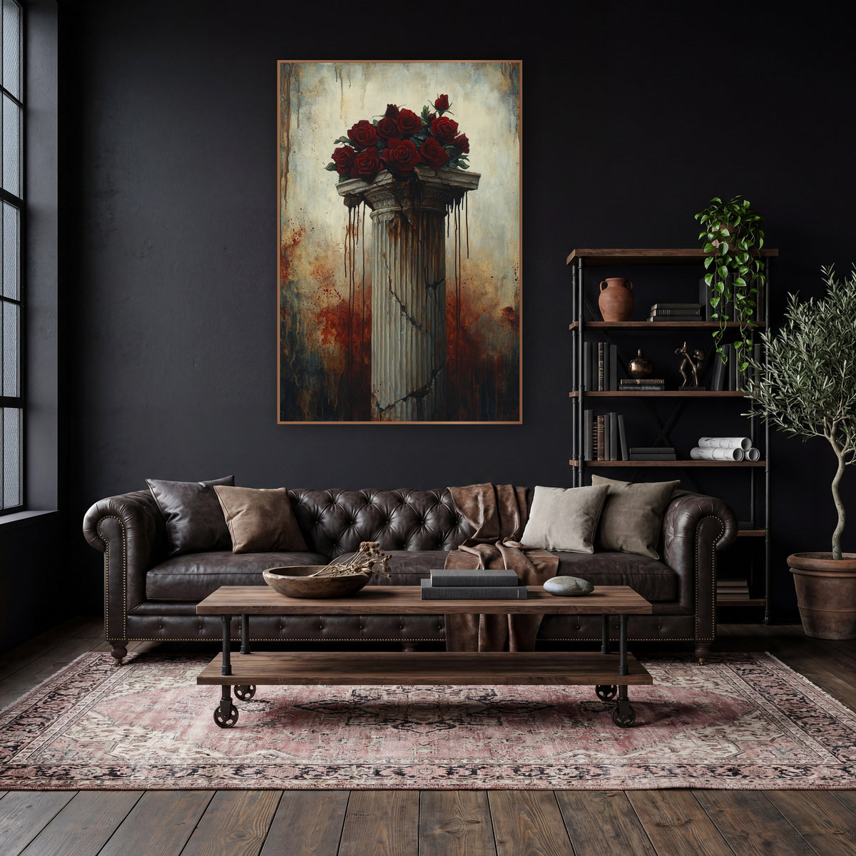 Dripping Capital Red Roses Gothic wall art in a moody dark academia room – bunch of deep red roses on a cracked fluted