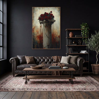 Dripping Capital Red Roses Gothic wall art in a moody dark academia room – bunch of deep red roses on a cracked fluted