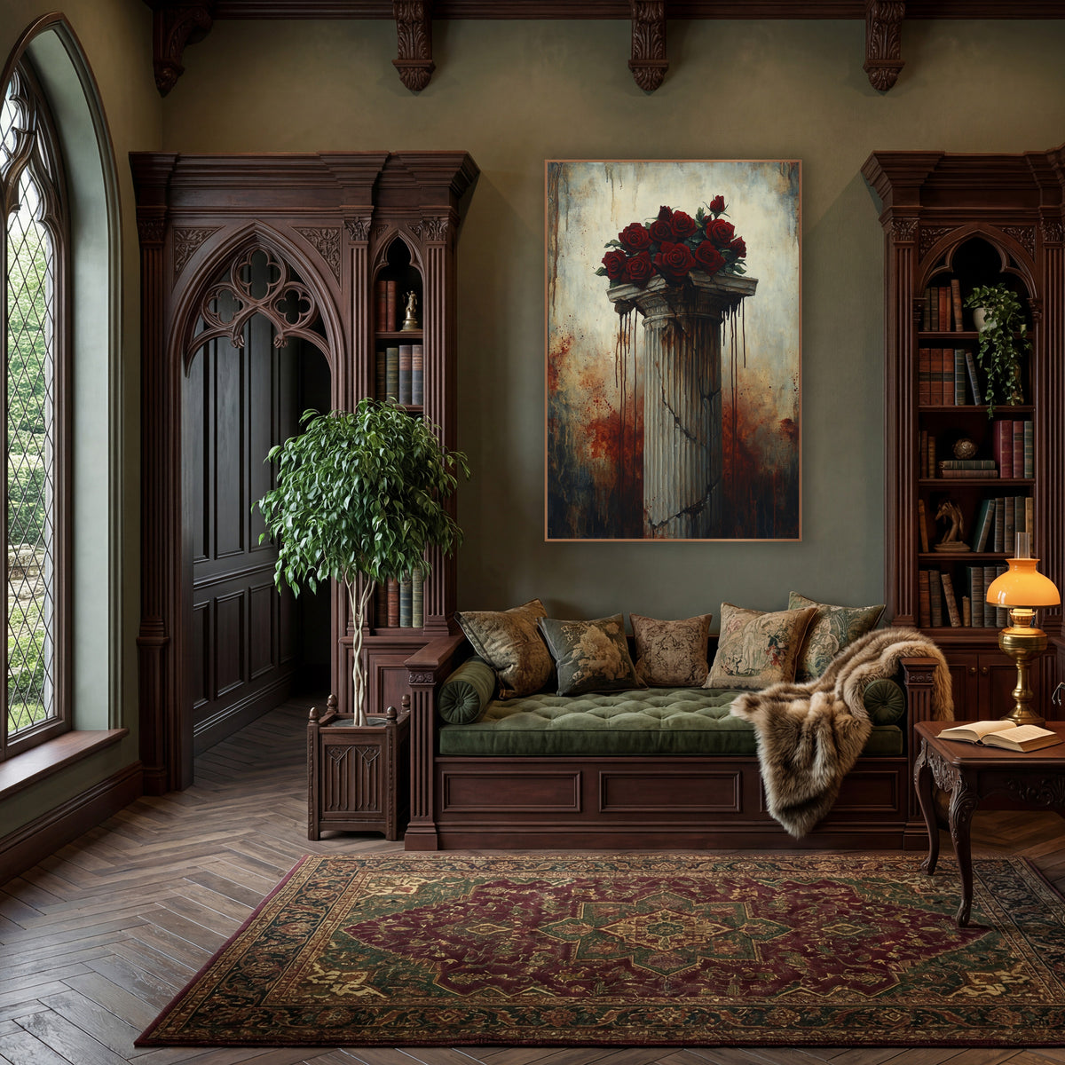 Dripping Capital Red Roses Gothic wall art in a moody dark academia room – bunch of deep red roses on a cracked fluted