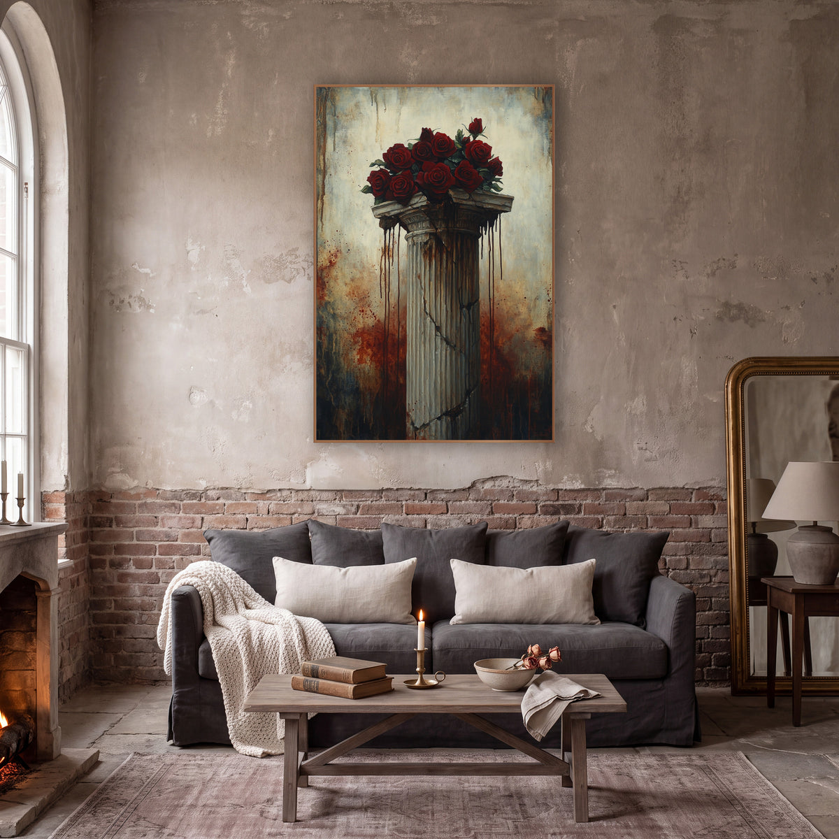 Dripping Capital Red Roses Gothic wall art in a moody dark academia room – bunch of deep red roses on a cracked fluted