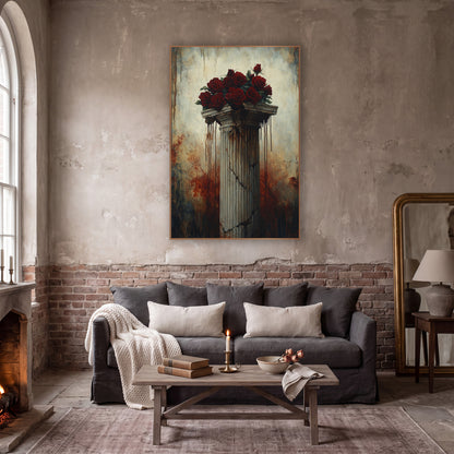 Dripping Capital Red Roses Gothic wall art in a moody dark academia room – bunch of deep red roses on a cracked fluted