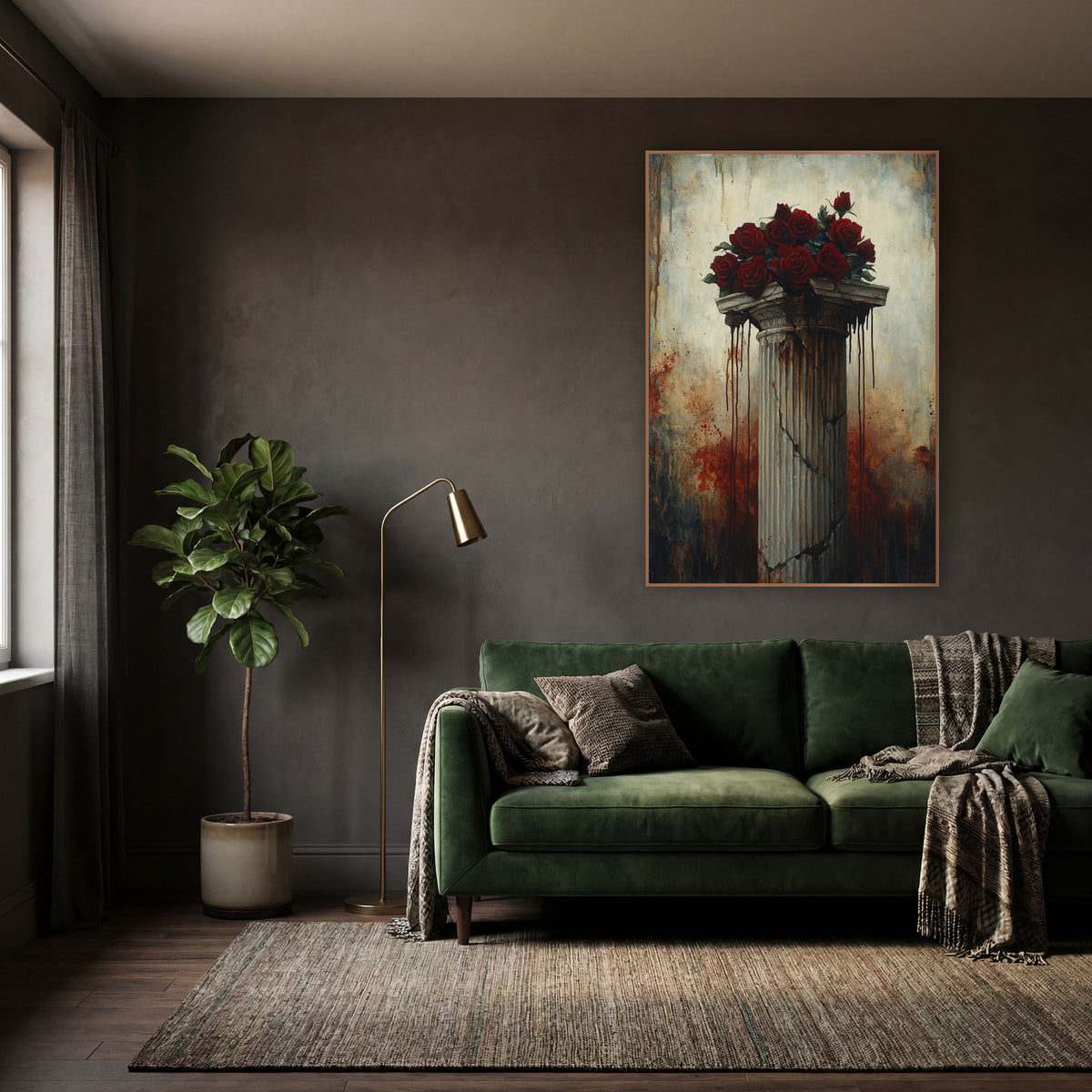 Dripping Capital Red Roses Gothic wall art in a moody dark academia room – bunch of deep red roses on a cracked fluted