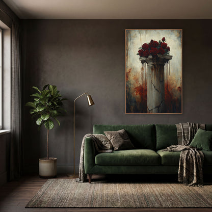 Dripping Capital Red Roses Gothic wall art in a moody dark academia room – bunch of deep red roses on a cracked fluted
