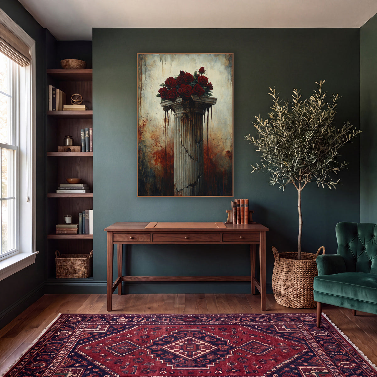 Dripping Capital Red Roses Gothic wall art in a moody dark academia room – bunch of deep red roses on a cracked fluted