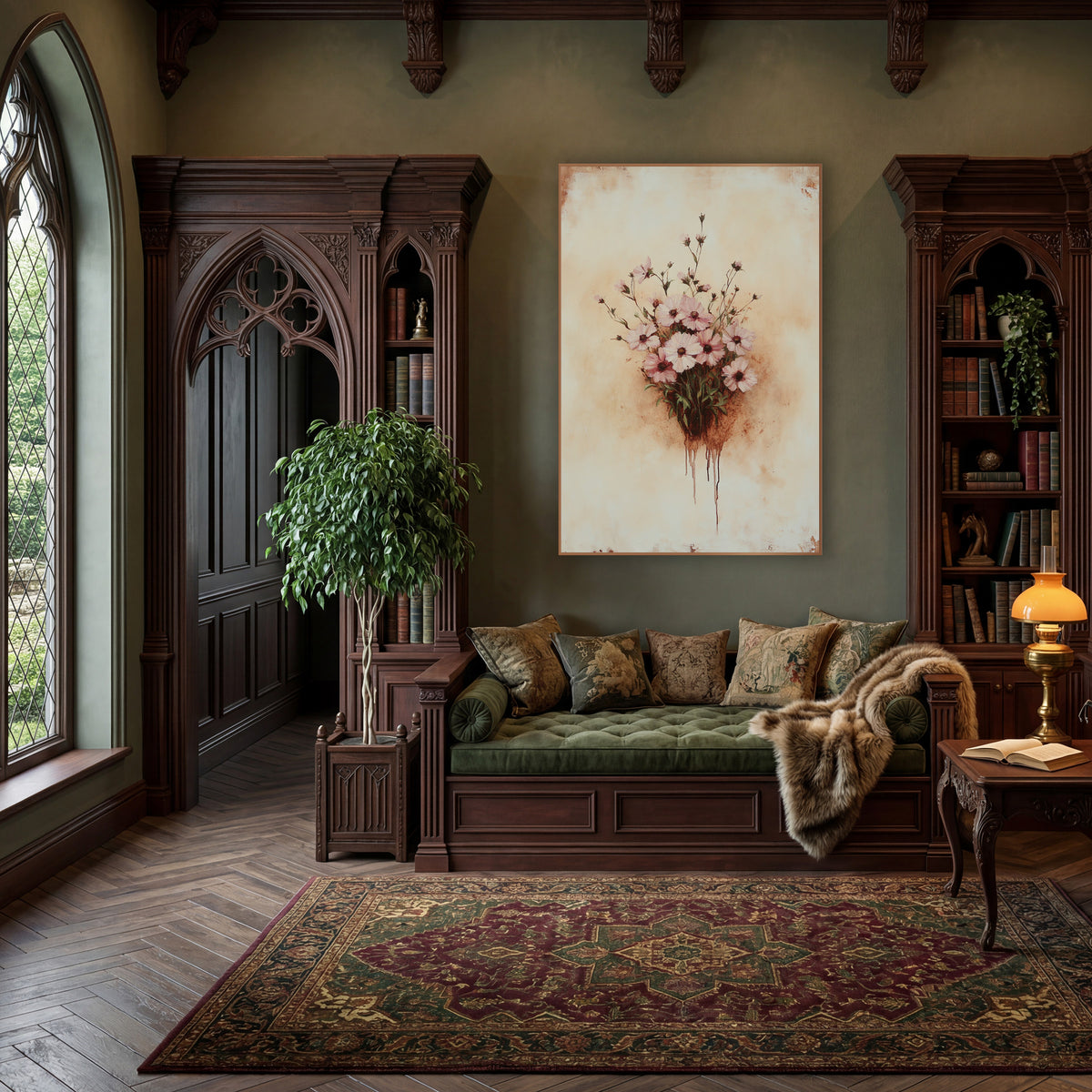 Dripping Cosmos Posy Rustic wall art in a moody dark academia room – bouquet of pale pink flowers with rust-brown