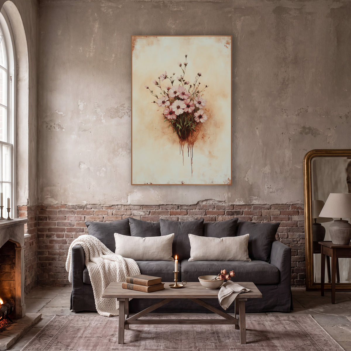 Dripping Cosmos Posy Rustic wall art in a moody dark academia room – bouquet of pale pink flowers with rust-brown