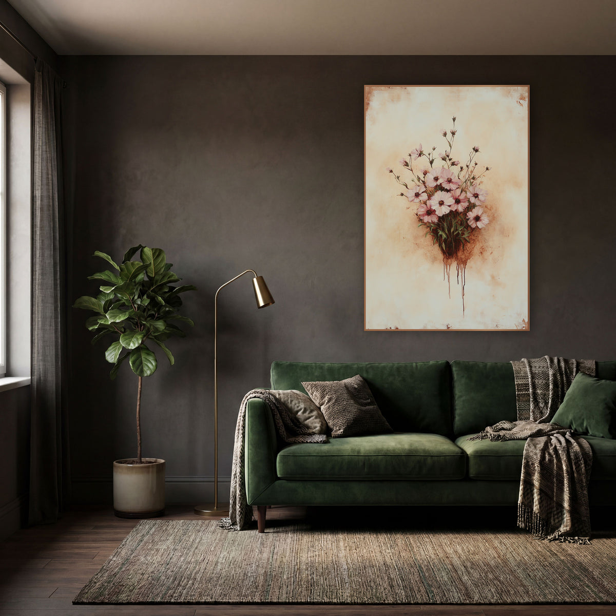 Dripping Cosmos Posy Rustic wall art in a moody dark academia room – bouquet of pale pink flowers with rust-brown