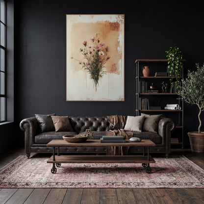 Tan Panel Cosmos Vintage wall art in a moody dark academia room – bouquet of pink and white wildflowers on thin green