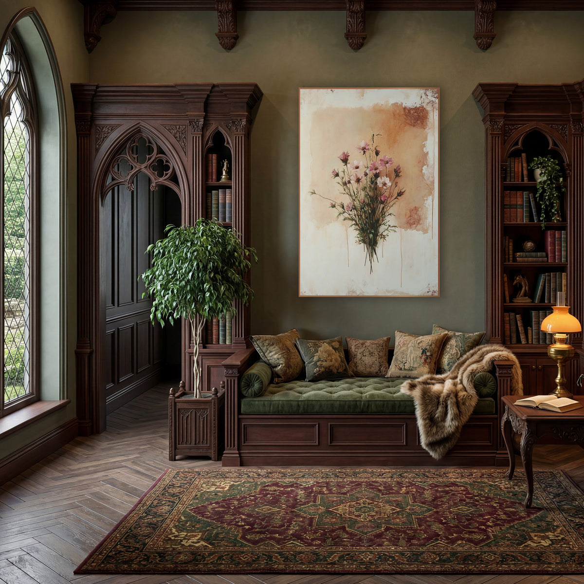 Tan Panel Cosmos Vintage wall art in a moody dark academia room – bouquet of pink and white wildflowers on thin green