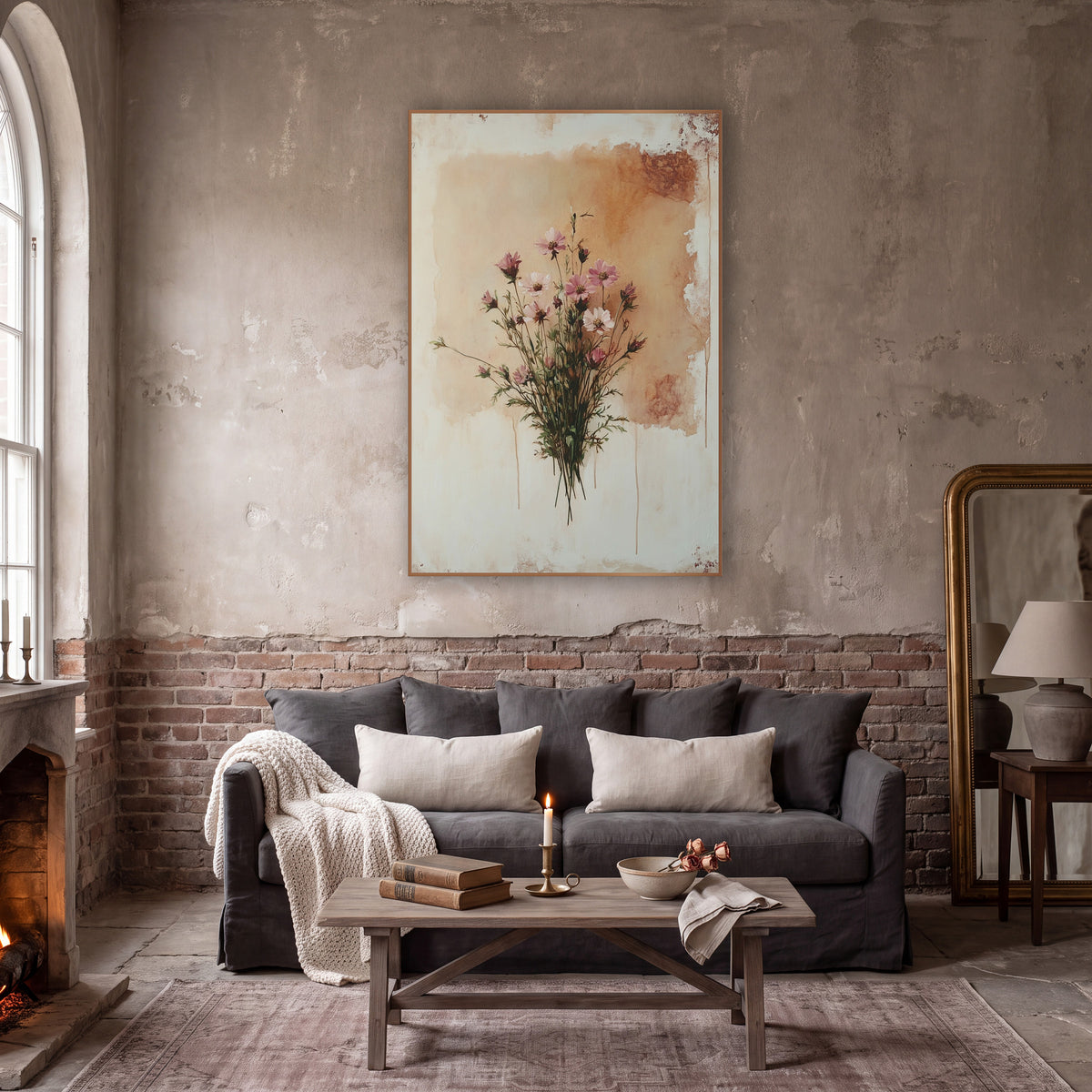 Tan Panel Cosmos Vintage wall art in a moody dark academia room – bouquet of pink and white wildflowers on thin green