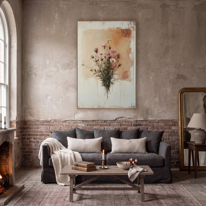 Tan Panel Cosmos Vintage wall art in a moody dark academia room – bouquet of pink and white wildflowers on thin green
