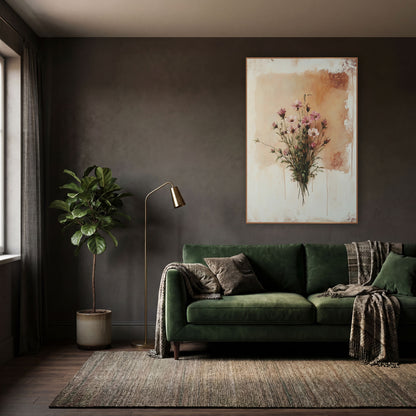 Tan Panel Cosmos Vintage wall art in a moody dark academia room – bouquet of pink and white wildflowers on thin green