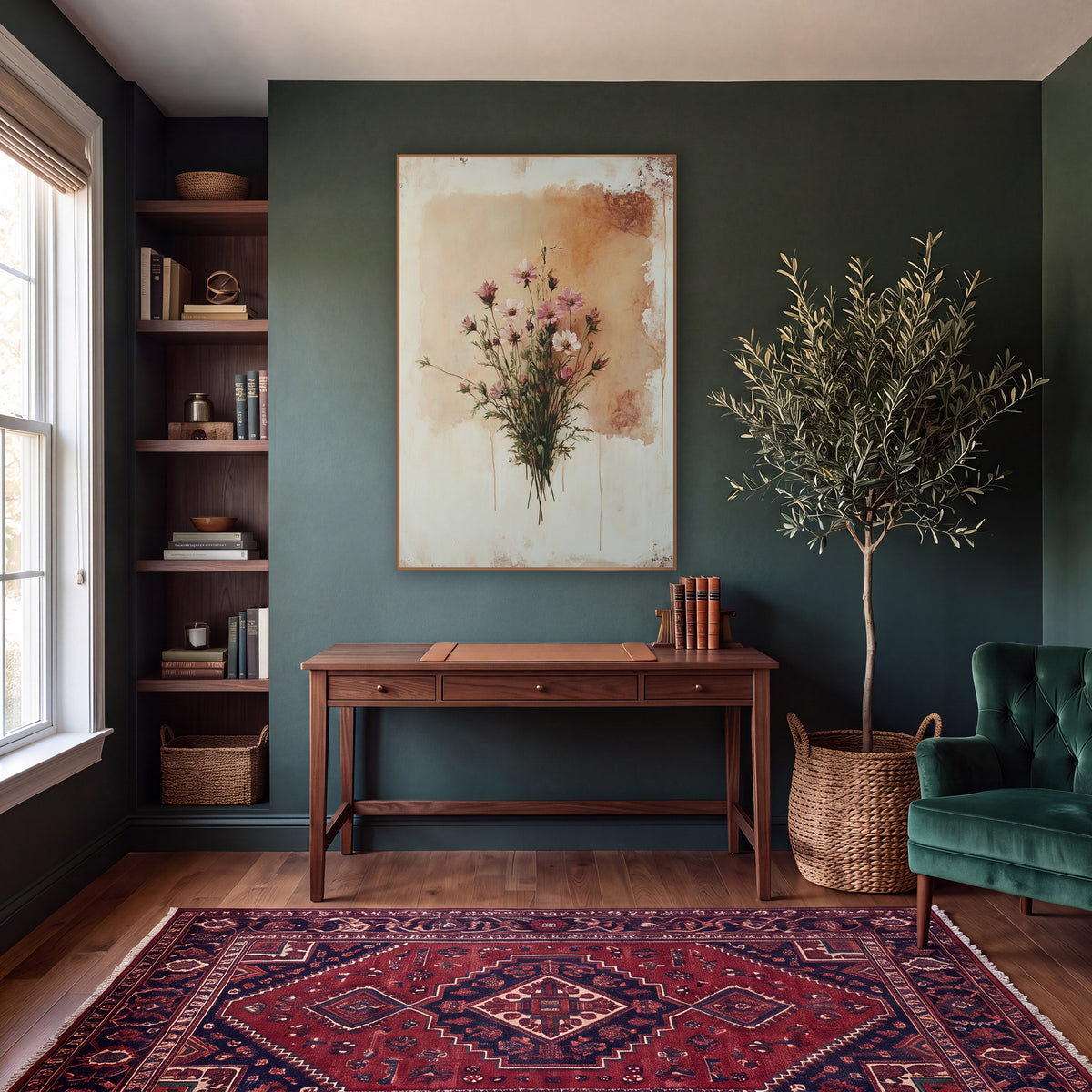 Tan Panel Cosmos Vintage wall art in a moody dark academia room – bouquet of pink and white wildflowers on thin green