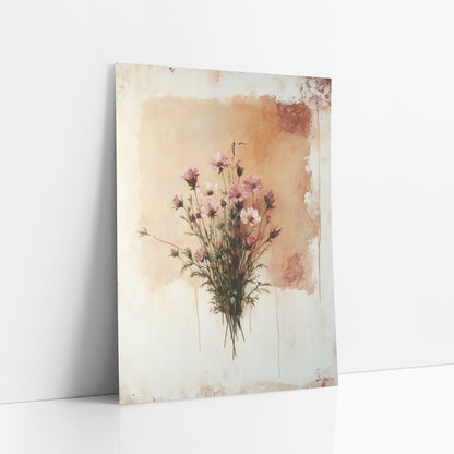 Tan Panel Cosmos Vintage art print leaning against a white wall – bouquet of pink and white wildflowers on thin green stems