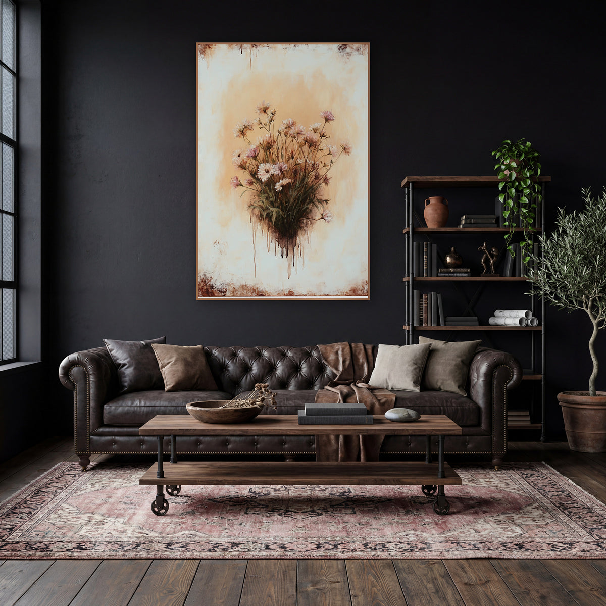 Frayed Aster Bouquet Rustic wall art in a moody dark academia room – bouquet of pink and white wildflowers on green