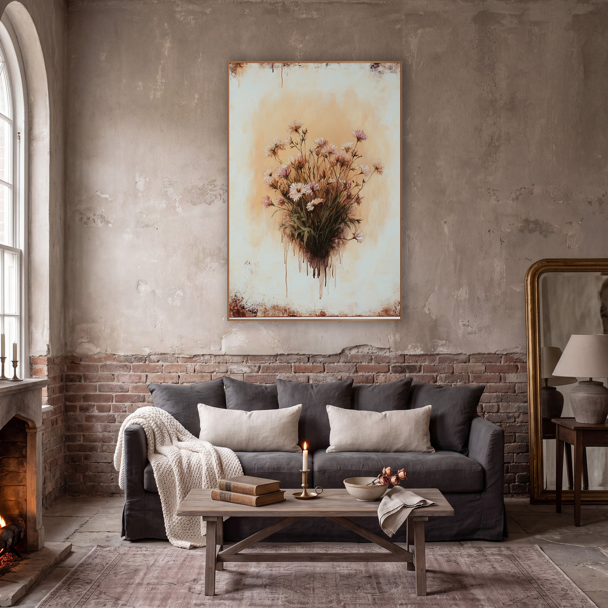 Frayed Aster Bouquet Rustic wall art in a moody dark academia room – bouquet of pink and white wildflowers on green