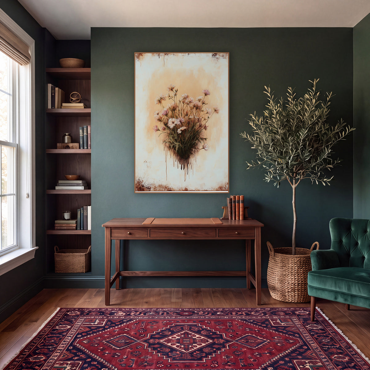 Frayed Aster Bouquet Rustic wall art in a moody dark academia room – bouquet of pink and white wildflowers on green