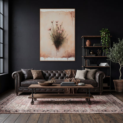 Rosy Meadow Sprig Boho wall art in a moody dark academia room – pink wildflowers on thin dark stems against a worn