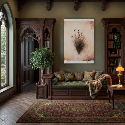Rosy Meadow Sprig Boho wall art in a moody dark academia room – pink wildflowers on thin dark stems against a worn