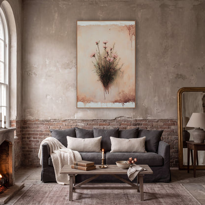 Rosy Meadow Sprig Boho wall art in a moody dark academia room – pink wildflowers on thin dark stems against a worn