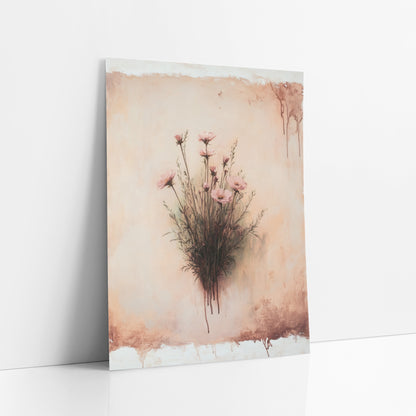Rosy Meadow Sprig Boho art print leaning against a white wall – pink wildflowers on thin dark stems against a worn peach