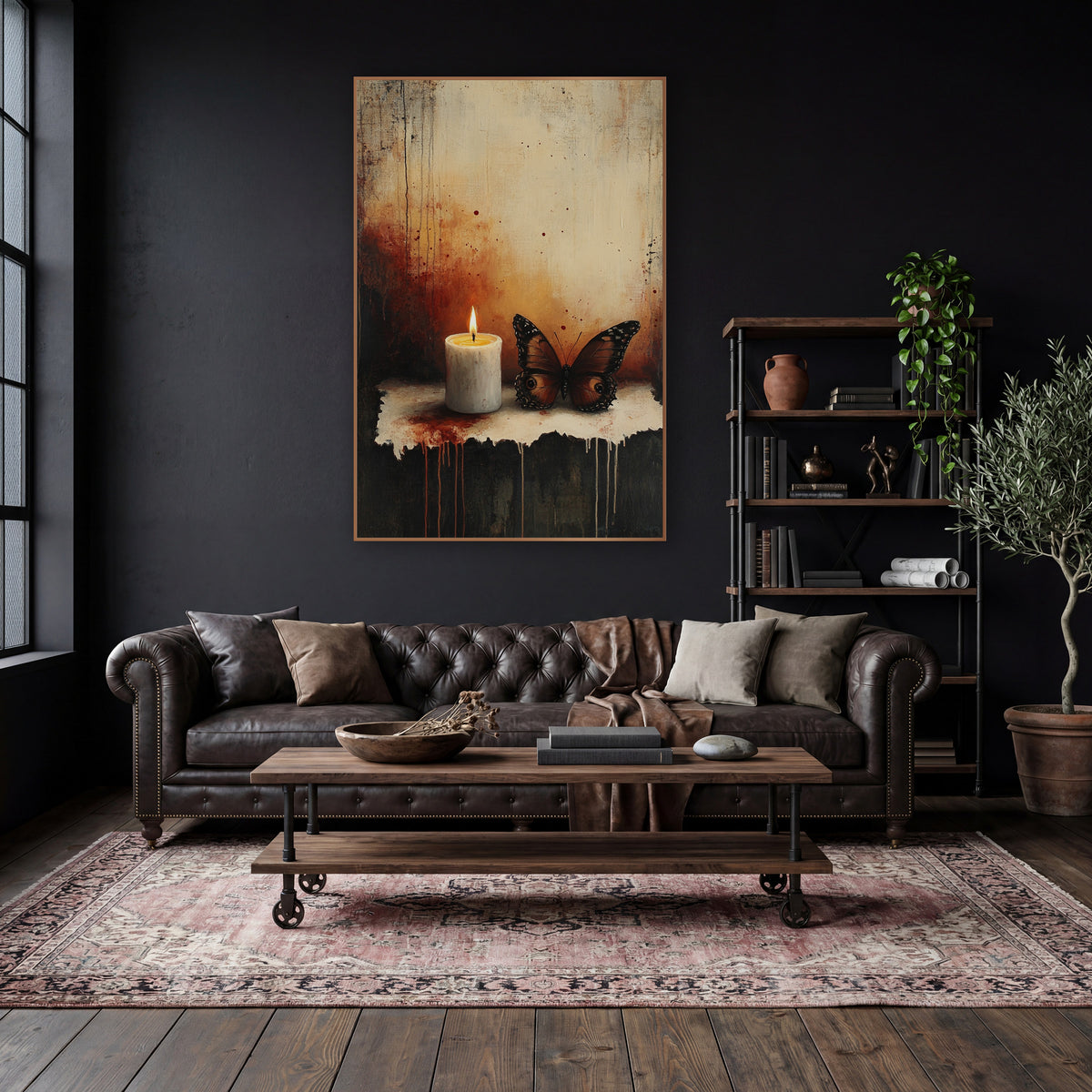 Ember Candle Russet Butterfly Moody wall art in a moody dark academia room – lit white candle beside a brown butterfly