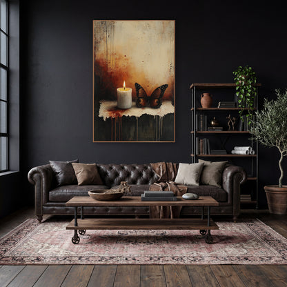 Ember Candle Russet Butterfly Moody wall art in a moody dark academia room – lit white candle beside a brown butterfly