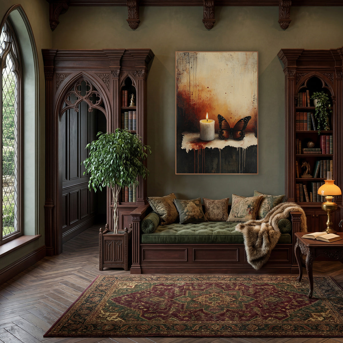 Ember Candle Russet Butterfly Moody wall art in a moody dark academia room – lit white candle beside a brown butterfly