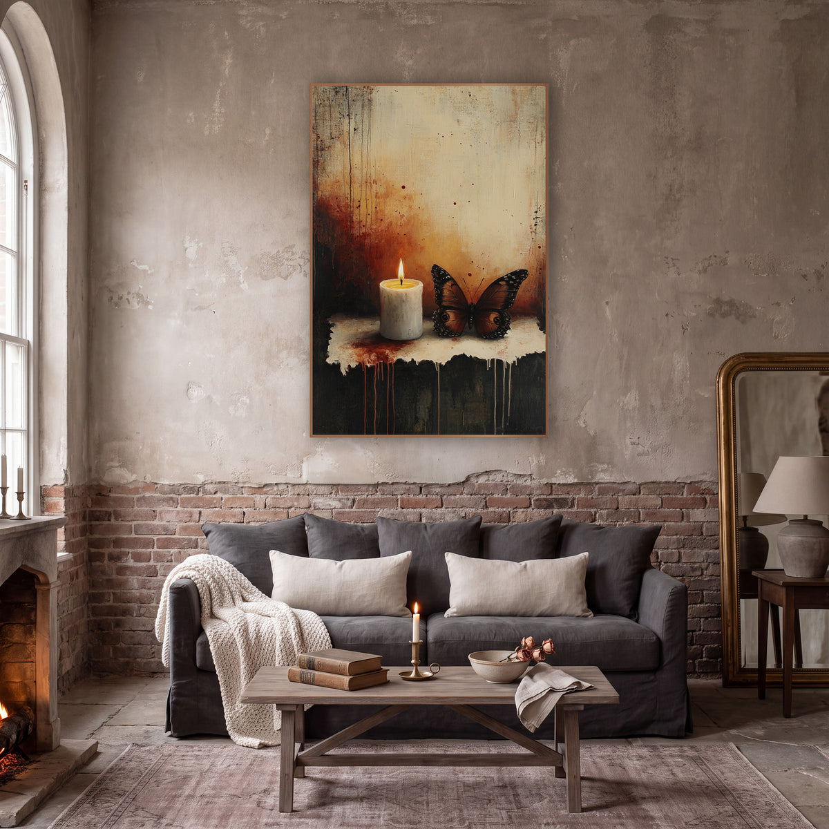 Ember Candle Russet Butterfly Moody wall art in a moody dark academia room – lit white candle beside a brown butterfly