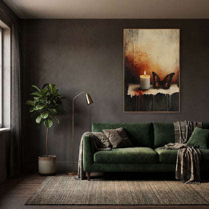 Ember Candle Russet Butterfly Moody wall art in a moody dark academia room – lit white candle beside a brown butterfly