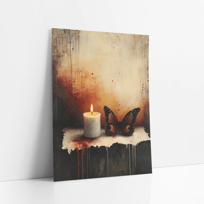 Ember Candle Russet Butterfly Moody art print leaning against a white wall – lit white candle beside a brown butterfly