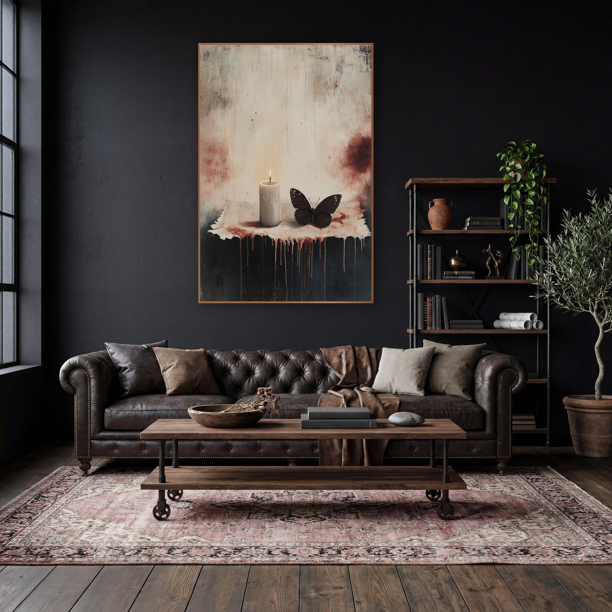 Pale Candle Dark Butterfly Gothic wall art in a moody dark academia room – lit white candle beside a dark brown