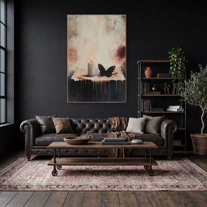 Pale Candle Dark Butterfly Gothic wall art in a moody dark academia room – lit white candle beside a dark brown