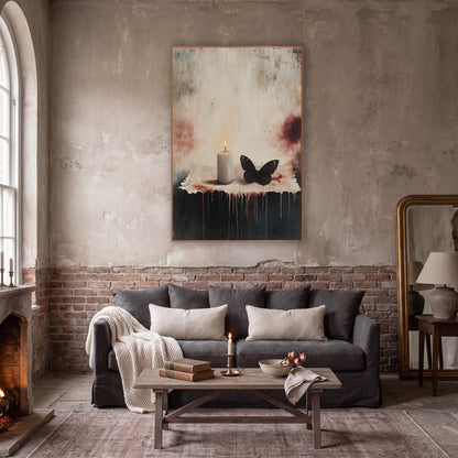 Pale Candle Dark Butterfly Gothic wall art in a moody dark academia room – lit white candle beside a dark brown