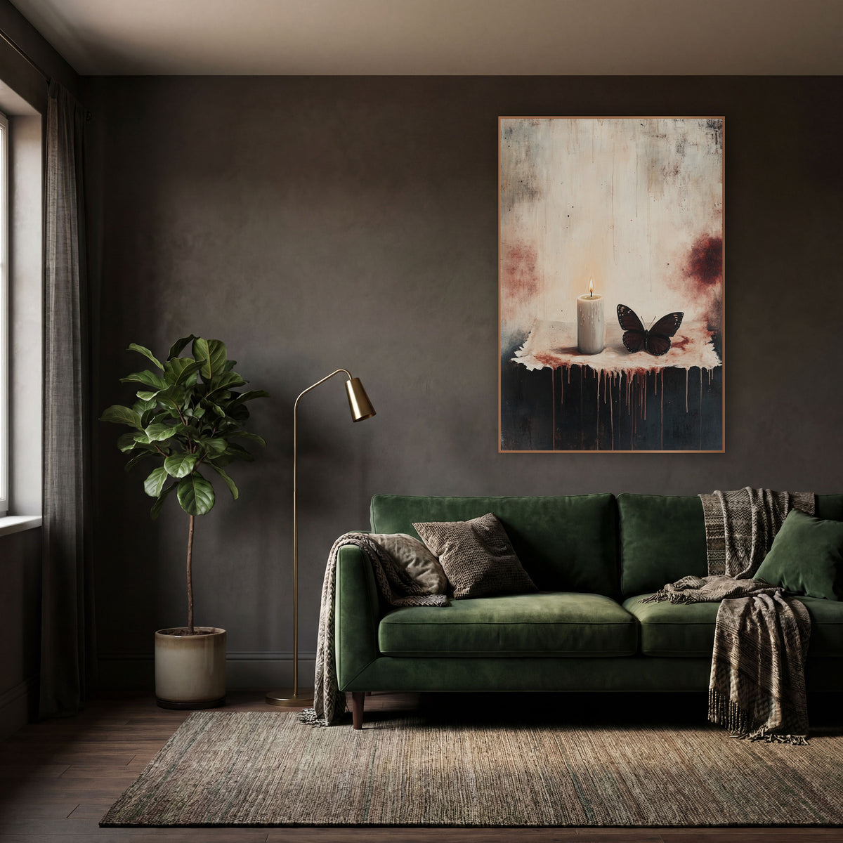 Pale Candle Dark Butterfly Gothic wall art in a moody dark academia room – lit white candle beside a dark brown