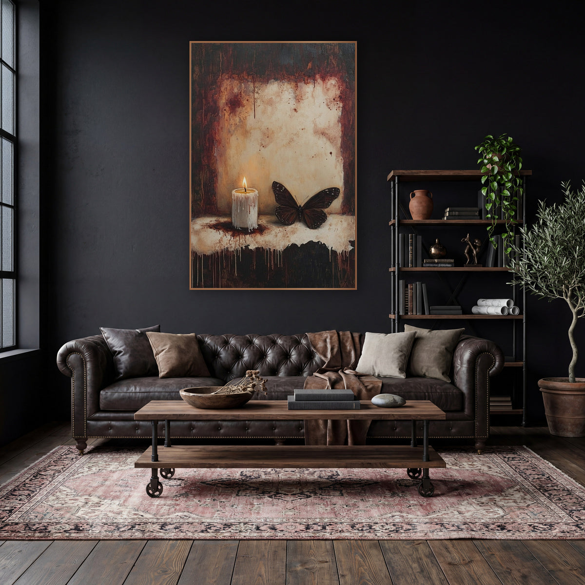 Dark Monarch Lit Candle Gothic wall art in a moody dark academia room – lit white candle with dripping wax
