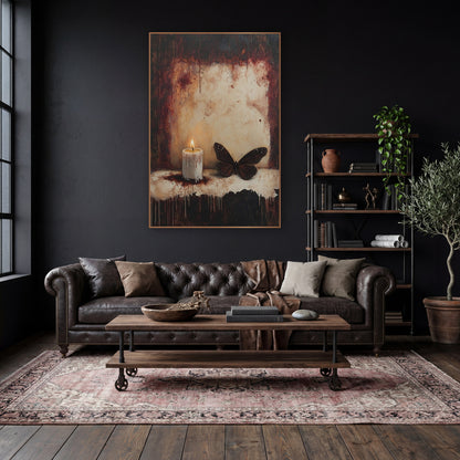 Dark Monarch Lit Candle Gothic wall art in a moody dark academia room – lit white candle with dripping wax