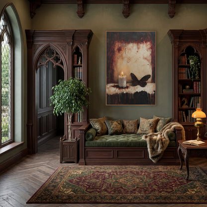 Dark Monarch Lit Candle Gothic wall art in a moody dark academia room – lit white candle with dripping wax