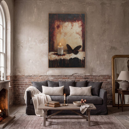 Dark Monarch Lit Candle Gothic wall art in a moody dark academia room – lit white candle with dripping wax