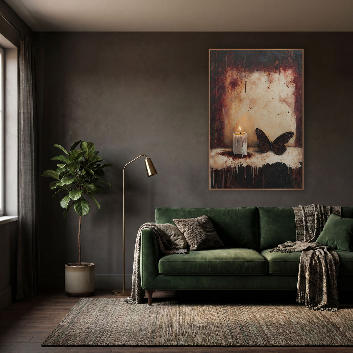Dark Monarch Lit Candle Gothic wall art in a moody dark academia room – lit white candle with dripping wax