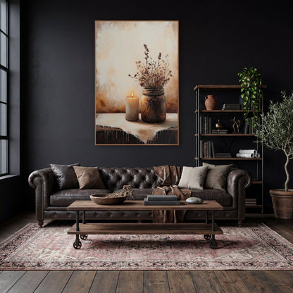 Candlelit Dried Wildflowers Still Life wall art in a moody dark academia room – lit cream candle beside a glass jar
