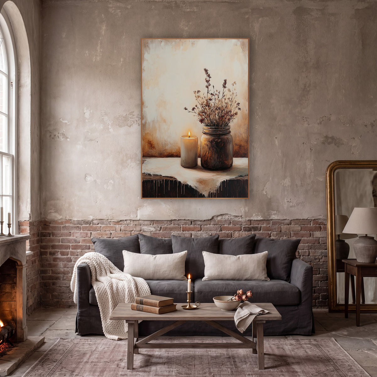 Candlelit Dried Wildflowers Still Life wall art in a moody dark academia room – lit cream candle beside a glass jar