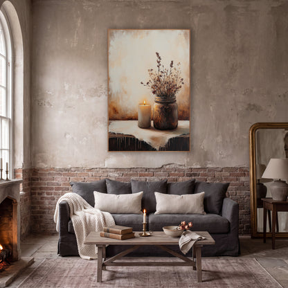 Candlelit Dried Wildflowers Still Life wall art in a moody dark academia room – lit cream candle beside a glass jar