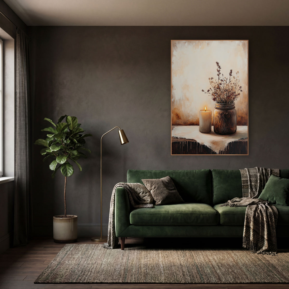 Candlelit Dried Wildflowers Still Life wall art in a moody dark academia room – lit cream candle beside a glass jar