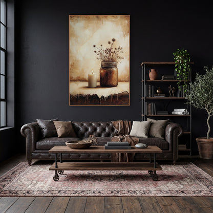 Candle Jar Drip Edge Moody wall art in a moody dark academia room – still life of a lit white candle beside a brown
