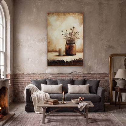 Candle Jar Drip Edge Moody wall art in a moody dark academia room – still life of a lit white candle beside a brown